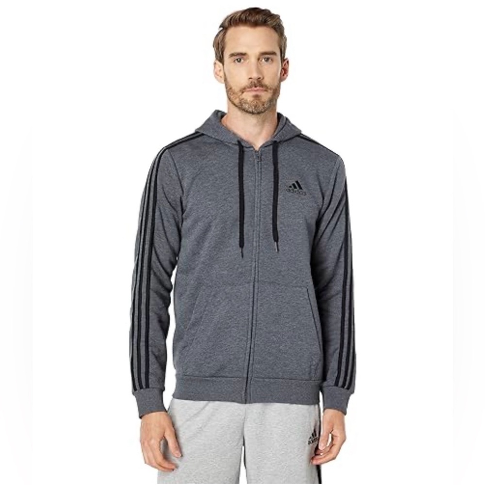 Adidas Heavy Gray Hooded Jacket Full Zip Black Stripe Track Top Men’s 2XL